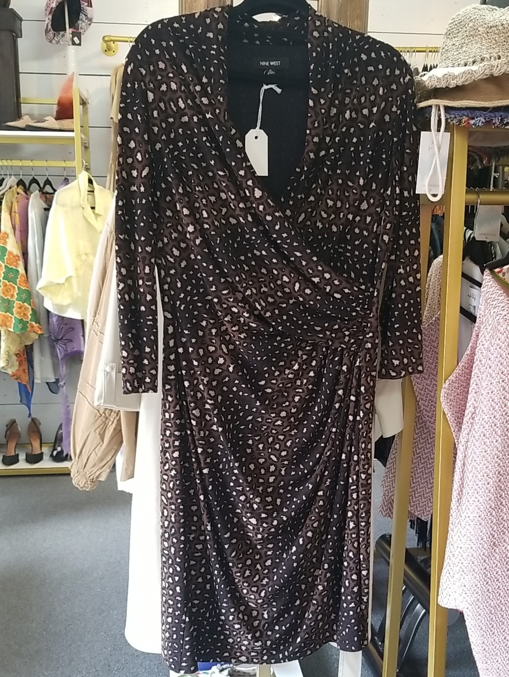 Nine West Brown and Cream Leopard Midi Wrap Dress
